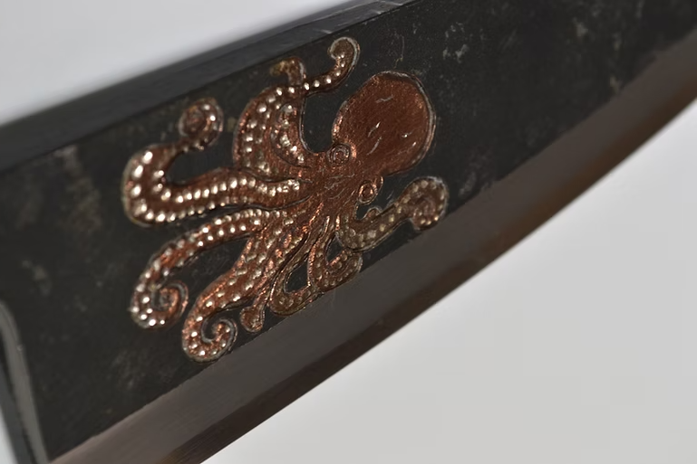 Sakai Takayuki Metal Decorated Engraving by Kubota Octopus White Steel No.2 Black Finished Deba 165mm Ebony Wood (ferrule: Black Water Buffalo Horn And Silver Ring) Handle - Japanny - Best Japanese Knife