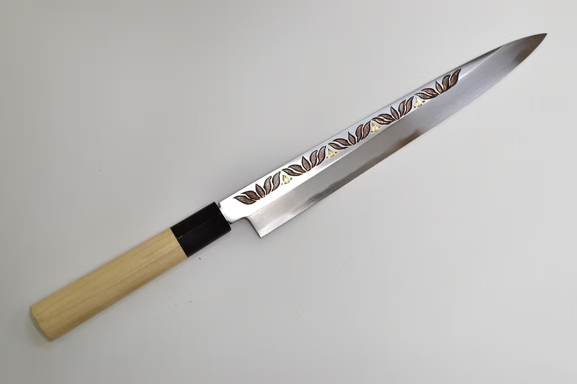 Sakai Takayuki Metal Decorated Engraving by Kubota Lotus White Steel Kasumitogi Yanagiba 270mm Magnolia (Ferrule: Water Buffalo Horn) Handle - Japanny - Best Japanese Knife
