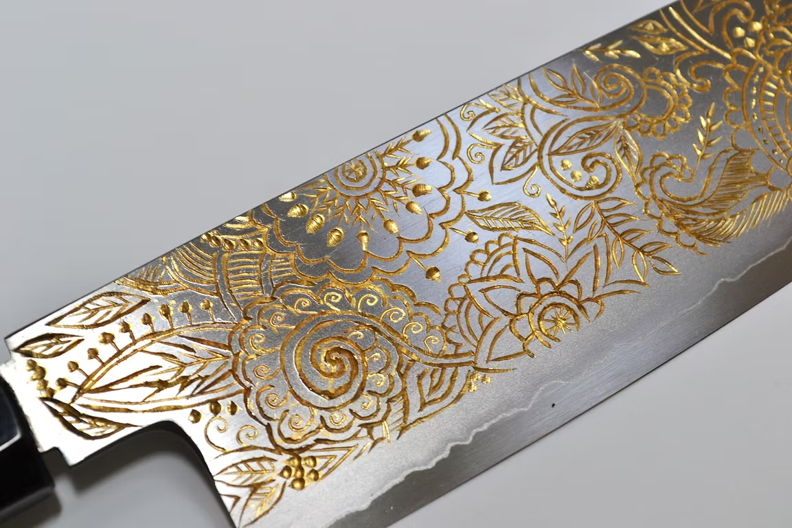 Sakai Takayuki Gold Filled Engraving by Kubota Mandala Silver Steel No.3 Santoku 180mm Ebony Wood (ferrule: Black Water Buffalo Horn And Silver Ring) Handle - Japanny - Best Japanese Knife