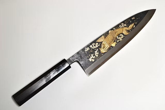 Sakai Takayuki Metal Decorated Engraving by Kubota Sojo no koi White Steel No.2 Black Finished Deba 240mm Ebony Wood (ferrule: Black Water Buffalo Horn And Silver Ring) Handle - Japanny - Best Japanese Knife