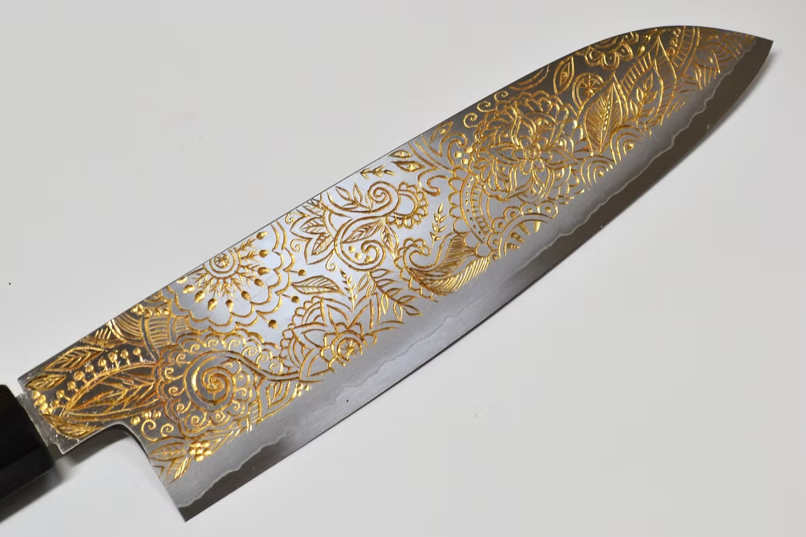 Sakai Takayuki Gold Filled Engraving by Kubota Mandala Silver Steel No.3 Santoku 180mm Ebony Wood (ferrule: Black Water Buffalo Horn And Silver Ring) Handle - Japanny - Best Japanese Knife
