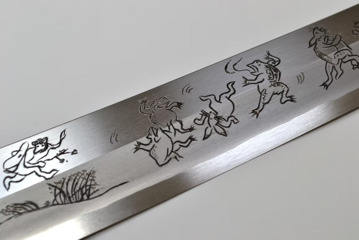 Sakai Takayuki Metal Decorated Engraving by Kubota Chōjū giga Silver Steel No.3 Sakimaru Yanagiba 330mm Wenge (ferrule: Black Buffalo Horn) Handle - Japanny - Best Japanese Knife