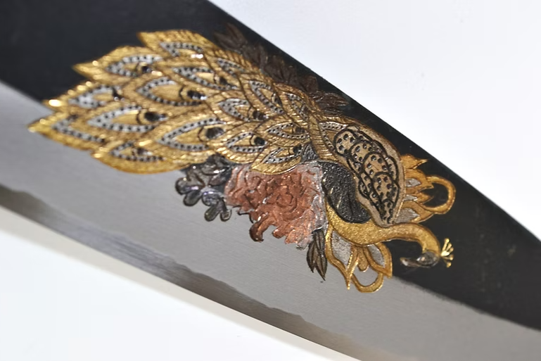 Sakai Takayuki Metal Decorated Engraving by Kubota Peacock White Steel No.2 Black Finished Santoku 180mm Ebony Wood (ferrule: Black Water Buffalo Horn And Silver Ring) Handle - Japanny - Best Japanese Knife