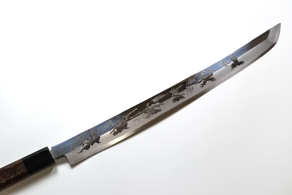 Sakai Takayuki Metal Decorated Engraving by Kubota Bushido Silver Steel No.3 Sakimaru Yanagiba 330mm Wenge (ferrule: Black Buffalo Horn) Handle - Japanny - Best Japanese Knife