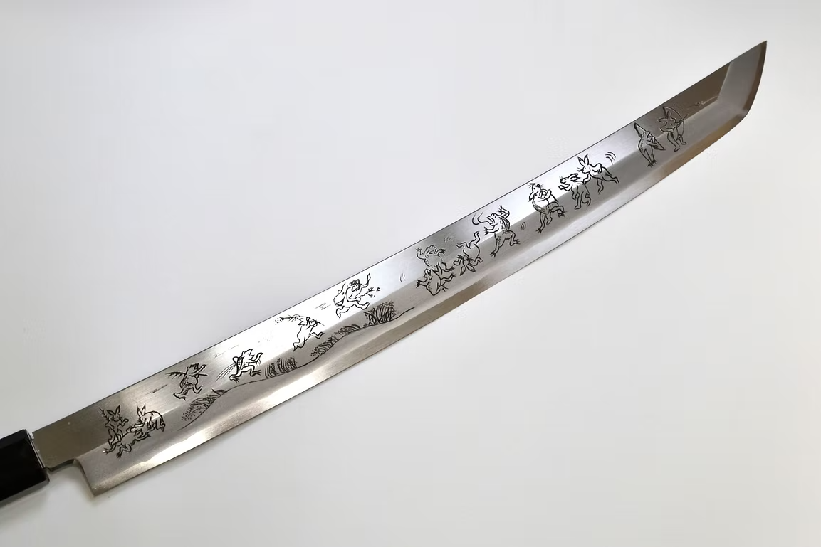 Sakai Takayuki Metal Decorated Engraving by Kubota Chōjū giga Silver Steel No.3 Sakimaru Yanagiba 330mm Wenge (ferrule: Black Buffalo Horn) Handle - Japanny - Best Japanese Knife