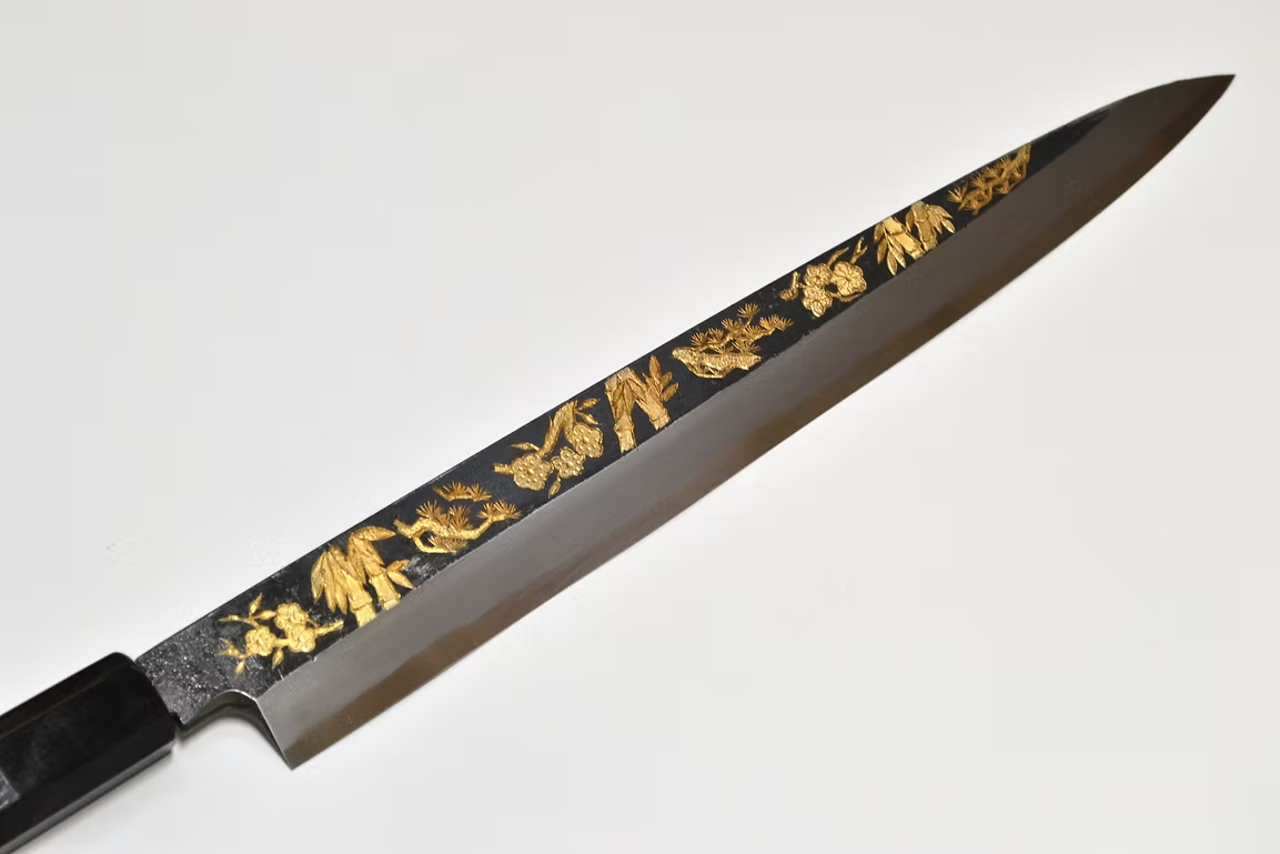 Sakai Takayuki Gold Filled Engraving by Kubota Shou Chiku Bai White Steel No.2 Black Finished Yanagiba 270mm Ebony Wood (ferrule: Black Water Buffalo Horn And Silver Ring) Handle - Japanny - Best Japanese Knife