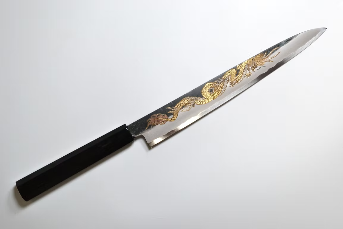 Sakai Takayuki Metal Decorated Engraving by Kubota Ten ryū White Steel No.2 Black Finished Sujihiki 240mm Ebony Wood (ferrule: Black Water Buffalo Horn And Silver Ring) Handle - Japanny - Best Japanese Knife