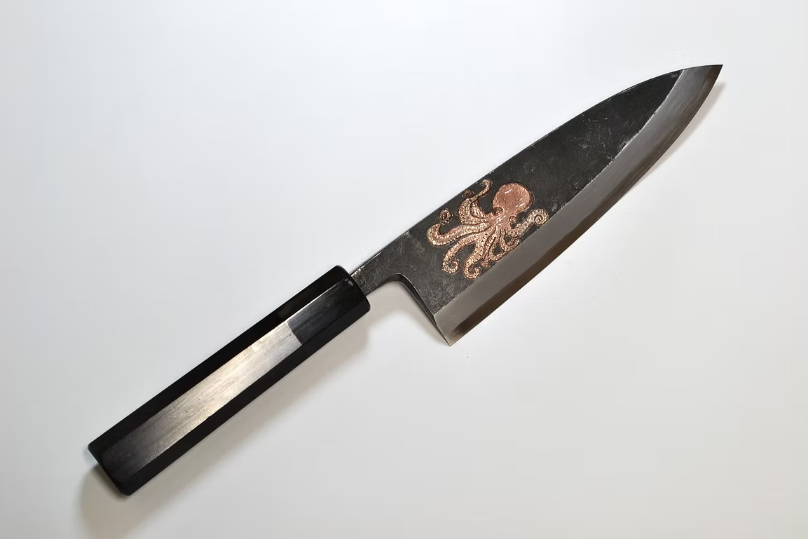 Sakai Takayuki Metal Decorated Engraving by Kubota Octopus White Steel No.2 Black Finished Deba 165mm Ebony Wood (ferrule: Black Water Buffalo Horn And Silver Ring) Handle - Japanny - Best Japanese Knife