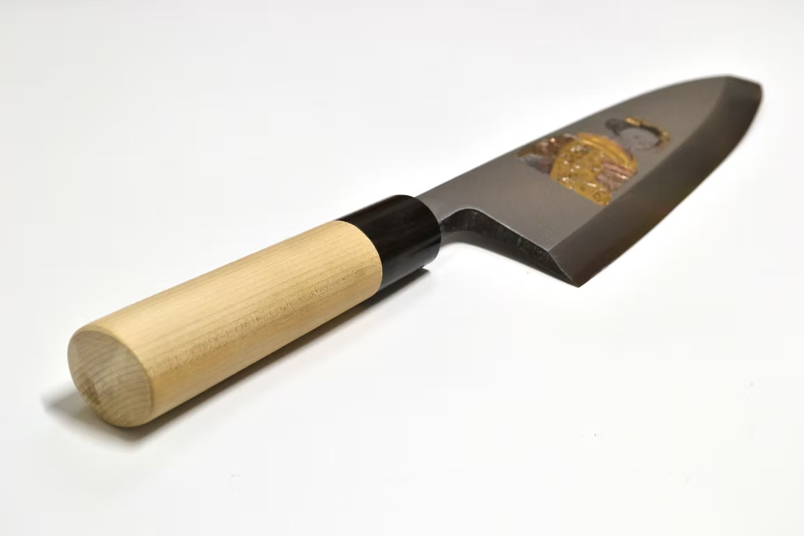 Sakai Takayuki Metal Decorated Engraving by Kubota Geisha White Steel Kasumitogi Deba 240mm Magnolia (Ferrule: Water Buffalo Horn) Handle - Japanny - Best Japanese Knife