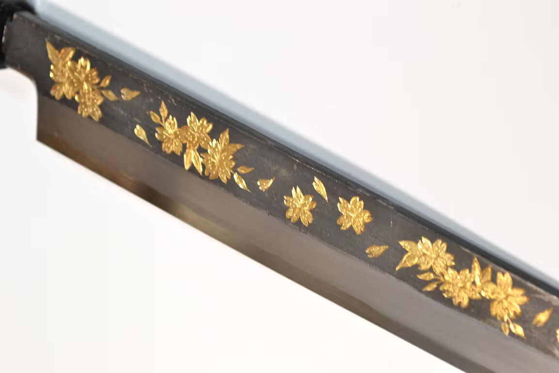 Sakai Takayuki Gold Filled Engraving by Kubota Night Sakura White Steel No.2 Black Finished Yanagiba 270mm Ebony Wood (ferrule: Black Water Buffalo Horn And Silver Ring) Handle - Japanny - Best Japanese Knife