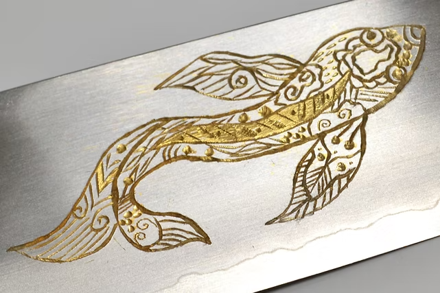 Sakai Takayuki Gold Filled Engraving by Kubota Goldfish Silver Steel No.3 Santoku 180mm Ebony Wood (ferrule: Black Water Buffalo Horn And Silver Ring) Handle - Japanny - Best Japanese Knife
