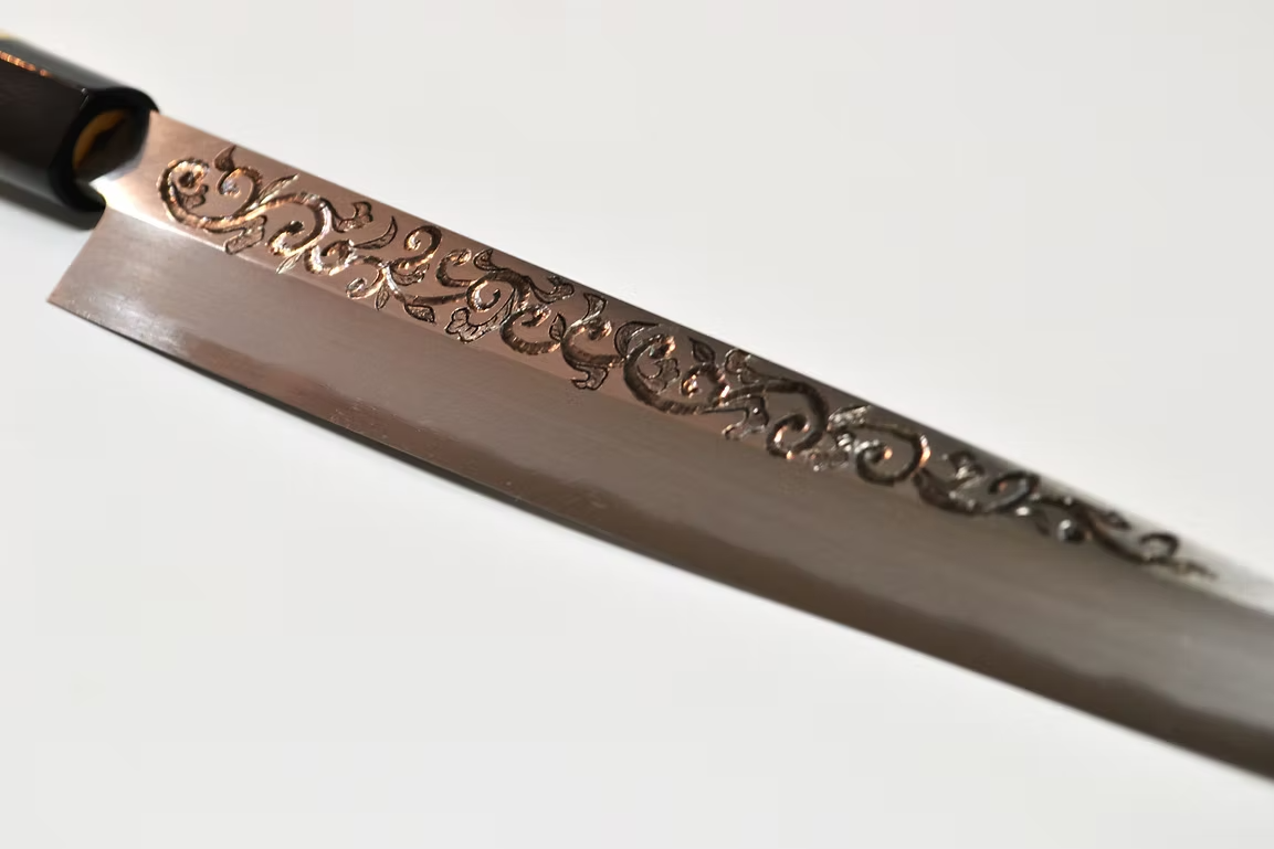 Sakai Takayuki Metal Decorated Engraving by Kubota Karakusa White Steel Kasumitogi Yanagiba 270mm Magnolia (Ferrule: Water Buffalo Horn) Handle - Japanny - Best Japanese Knife