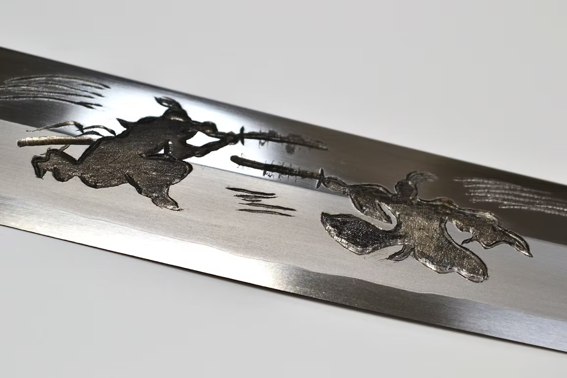 Sakai Takayuki Metal Decorated Engraving by Kubota Bushido Silver Steel No.3 Sakimaru Yanagiba 330mm Wenge (ferrule: Black Buffalo Horn) Handle - Japanny - Best Japanese Knife