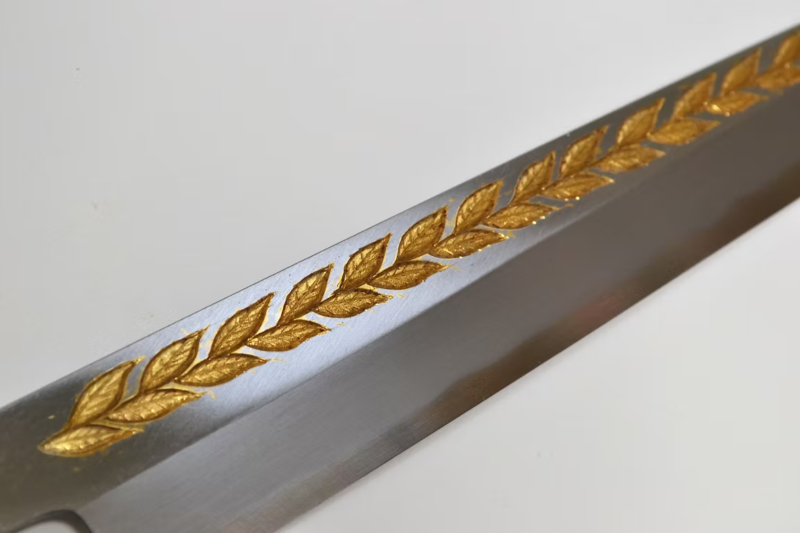 Sakai Takayuki Gold Filled Engraving by Kubota Laurel White Steel Kasumitogi Yanagiba 270mm Magnolia (Ferrule: Water Buffalo Horn) Handle - Japanny - Best Japanese Knife