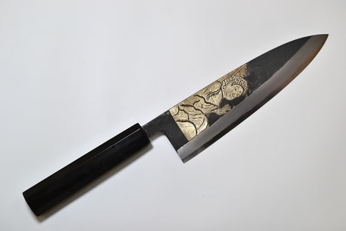 Sakai Takayuki Metal Decorated Engraving by Kubota Buddha White Steel No.2 Black Finished Deba 210mm Ebony Wood (ferrule: Black Water Buffalo Horn And Silver Ring) Handle - Japanny - Best Japanese Knife