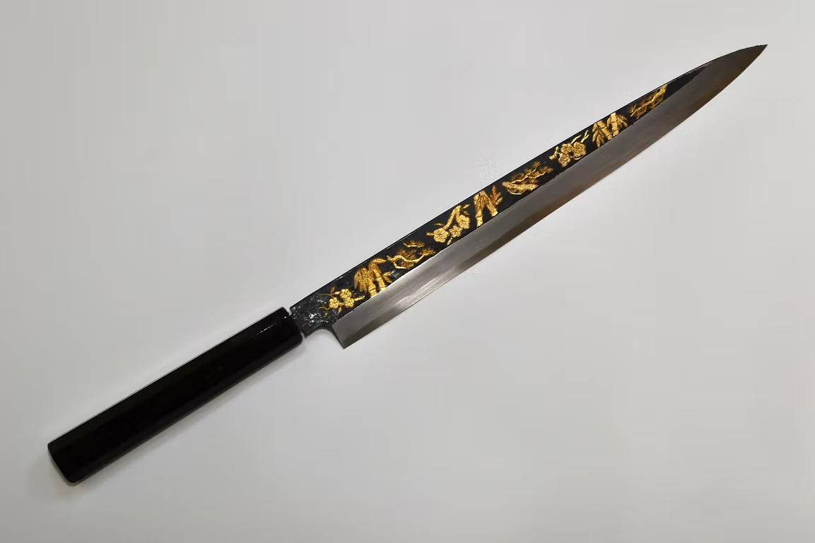 Sakai Takayuki Gold Filled Engraving by Kubota Shou Chiku Bai White Steel No.2 Black Finished Yanagiba 270mm Ebony Wood (ferrule: Black Water Buffalo Horn And Silver Ring) Handle - Japanny - Best Japanese Knife