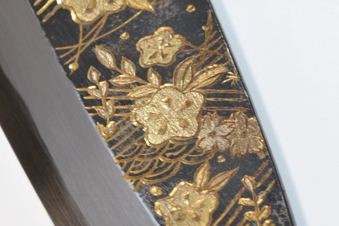 Sakai Takayuki Gold Filled Engraving by Kubota Karyū White Steel No.2 Black Finished Deba 165mm Ebony Wood (ferrule: Black Water Buffalo Horn And Silver Ring) Handle - Japanny - Best Japanese Knife