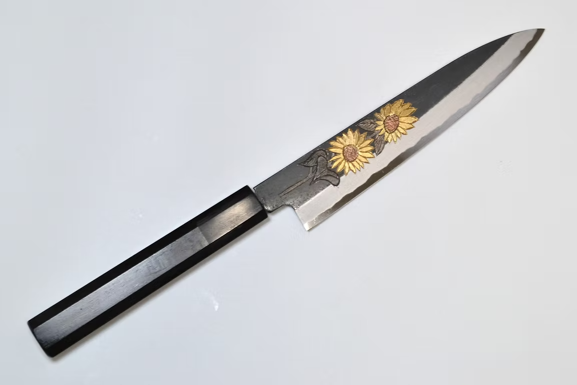Sakai Takayuki Metal Decorated Engraving by Kubota Sunflower White Steel No.2 Black Finished Petty-Utility 150mm Ebony Wood (ferrule: Black Water Buffalo Horn And Silver Ring) Handle - Japanny - Best Japanese Knife