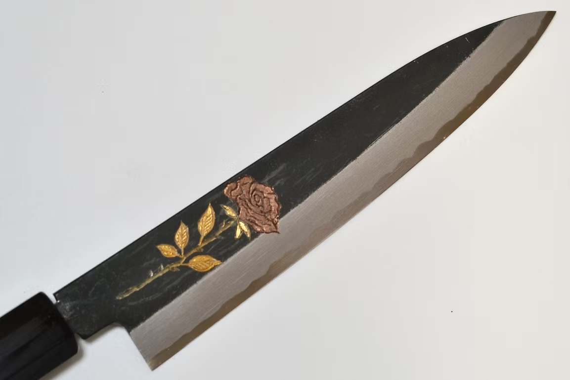 Sakai Takayuki Metal Decorated Engraving by Kubota Rose White Steel No.2 Black Finished Petty-Utility 150mm Ebony Wood (ferrule: Black Water Buffalo Horn And Silver Ring) Handle - Japanny - Best Japanese Knife
