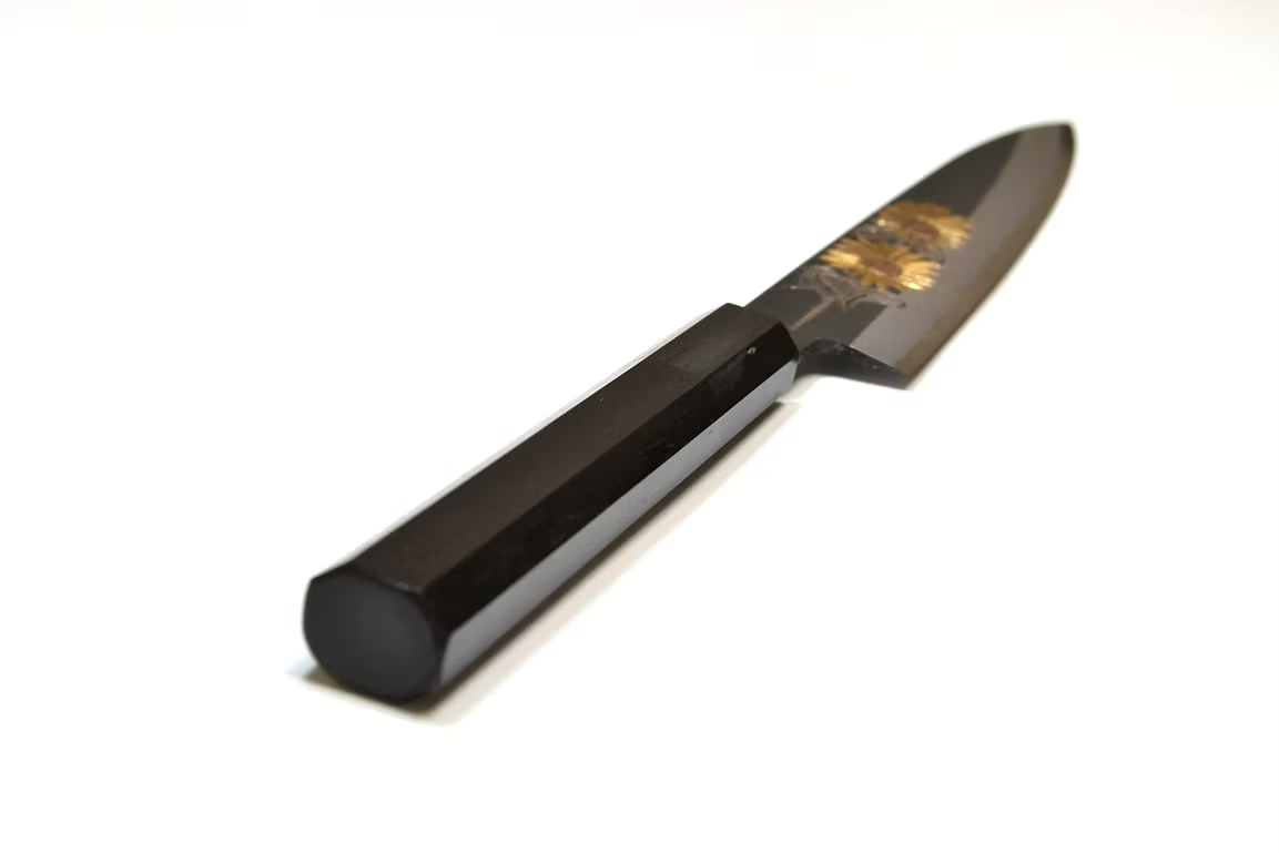 Sakai Takayuki Metal Decorated Engraving by Kubota Sunflower White Steel No.2 Black Finished Petty-Utility 150mm Ebony Wood (ferrule: Black Water Buffalo Horn And Silver Ring) Handle - Japanny - Best Japanese Knife
