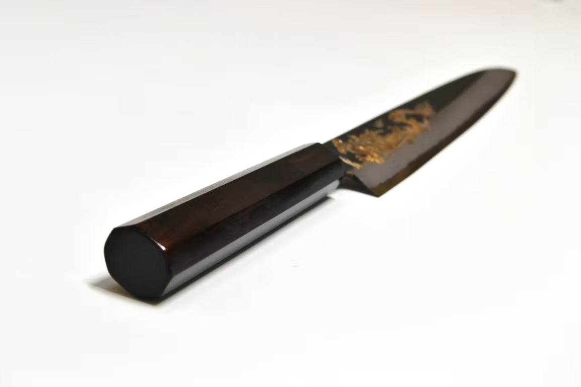 Sakai Takayuki Metal Decorated Engraving by Kubota Kin ryū White Steel No.2 Black Finished Sujihiki 240mm Ebony Wood (ferrule: Black Water Buffalo Horn And Silver Ring) Handle - Japanny - Best Japanese Knife