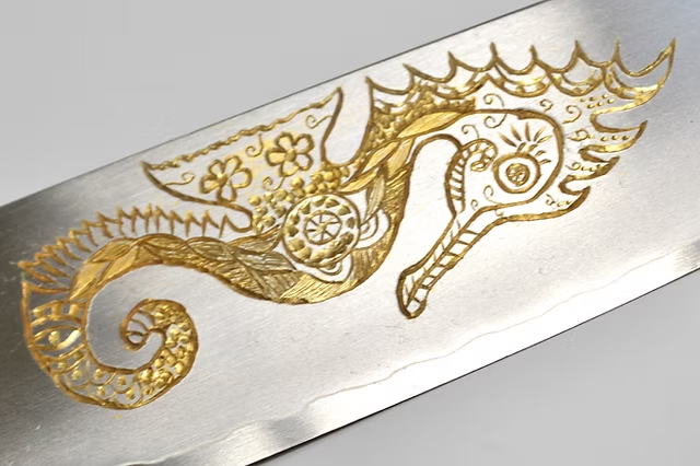 Sakai Takayuki Gold Filled Engraving by Kubota Seahorse Silver Steel No.3 Santoku 180mm Ebony Wood (ferrule: Black Water Buffalo Horn And Silver Ring) Handle - Japanny - Best Japanese Knife
