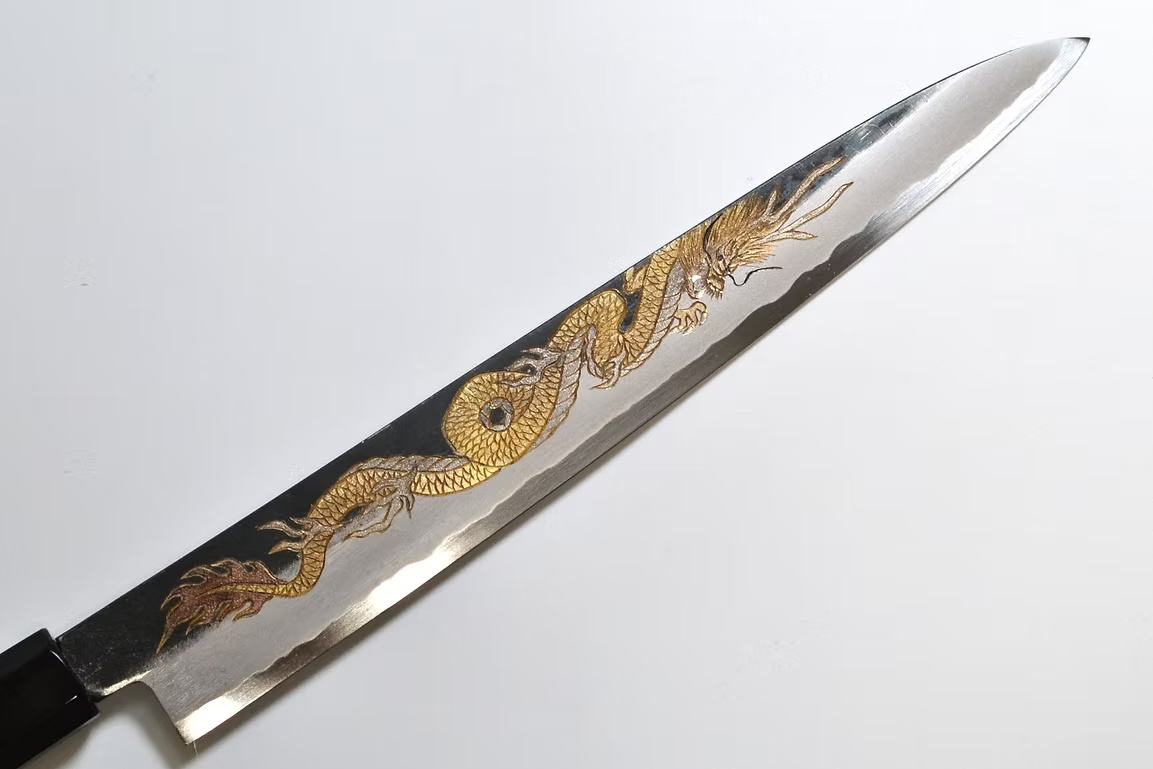 Sakai Takayuki Metal Decorated Engraving by Kubota Ten ryū White Steel No.2 Black Finished Sujihiki 240mm Ebony Wood (ferrule: Black Water Buffalo Horn And Silver Ring) Handle - Japanny - Best Japanese Knife
