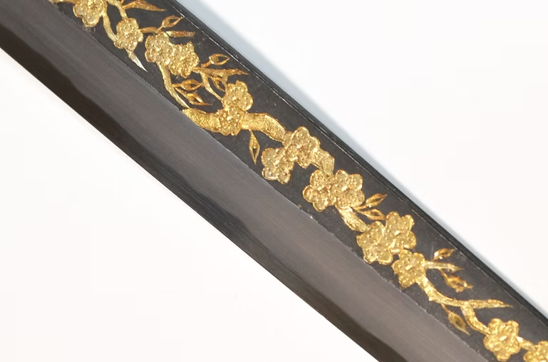 Sakai Takayuki Gold Filled Engraving by Kubota Plum White Steel No.2 Black Finished Yanagiba 270mm Ebony Wood (ferrule: Black Water Buffalo Horn And Silver Ring) Handle - Japanny - Best Japanese Knife