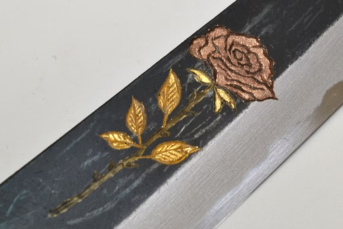 Sakai Takayuki Metal Decorated Engraving by Kubota Rose White Steel No.2 Black Finished Petty-Utility 150mm Ebony Wood (ferrule: Black Water Buffalo Horn And Silver Ring) Handle - Japanny - Best Japanese Knife
