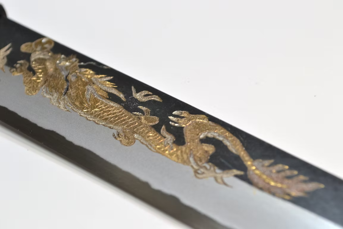 Sakai Takayuki Metal Decorated Engraving by Kubota Kin ryū White Steel No.2 Black Finished Sujihiki 240mm Ebony Wood (ferrule: Black Water Buffalo Horn And Silver Ring) Handle - Japanny - Best Japanese Knife
