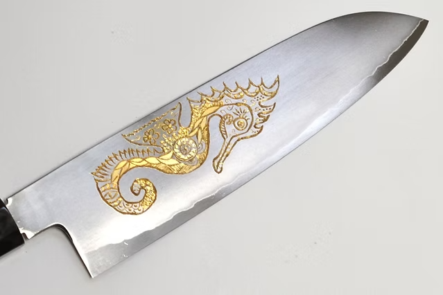 Sakai Takayuki Gold Filled Engraving by Kubota Seahorse Silver Steel No.3 Santoku 180mm Ebony Wood (ferrule: Black Water Buffalo Horn And Silver Ring) Handle - Japanny - Best Japanese Knife