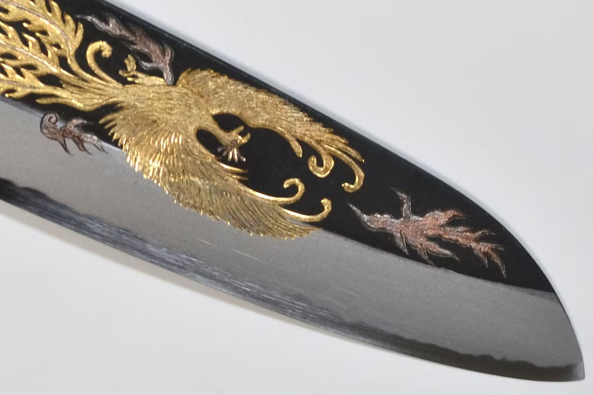 Sakai Takayuki Metal Decorated Engraving by Kubota Phoenix White Steel No.2 Black Finished Santoku 180mm Ebony Wood (ferrule: Black Water Buffalo Horn And Silver Ring) Handle - Japanny - Best Japanese Knife