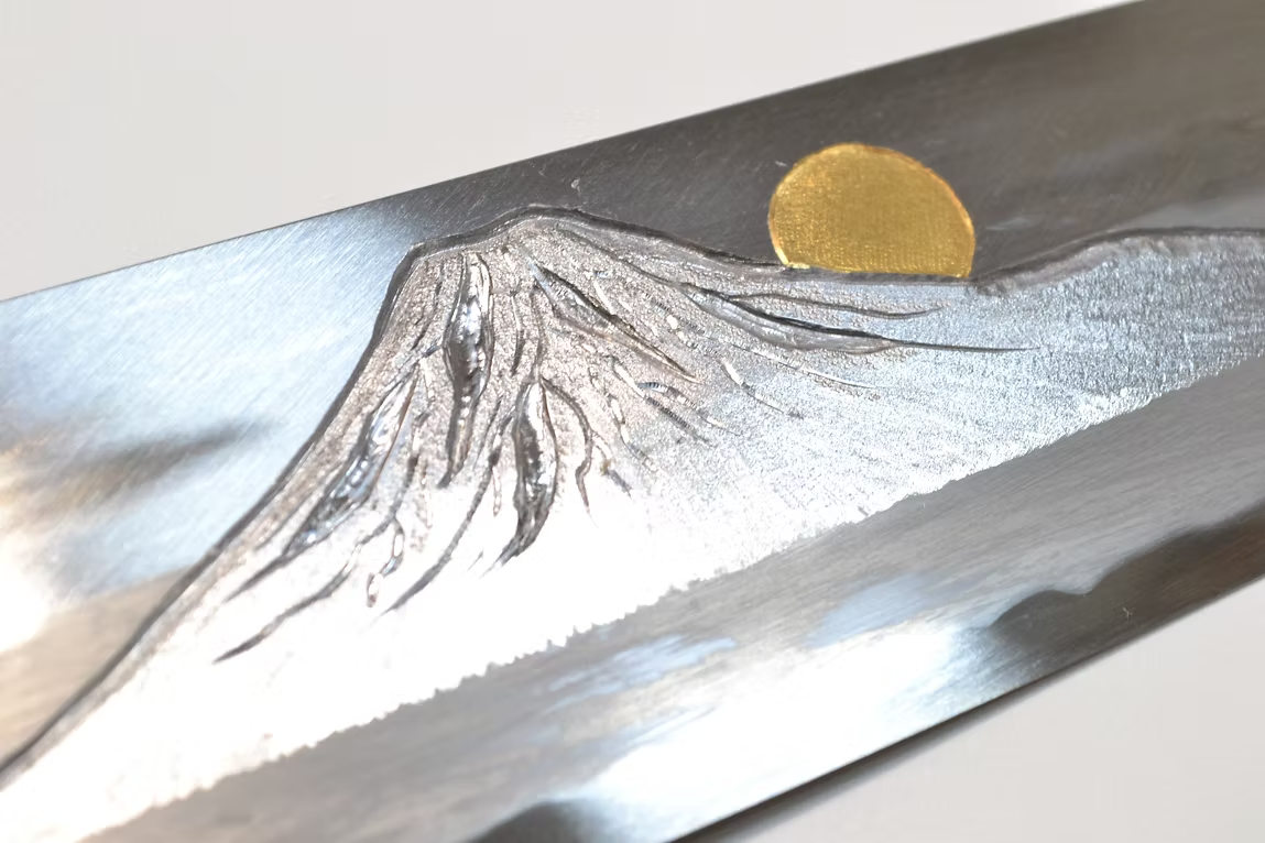 Sakai Takayuki Gold Filled Engraving by Kubota Sunset over Mt. Fuji Blue Steel No.2 Gyuto 240mm Magnolia (Ferrule: Water Buffalo Horn) Handle - Japanny - Best Japanese Knife