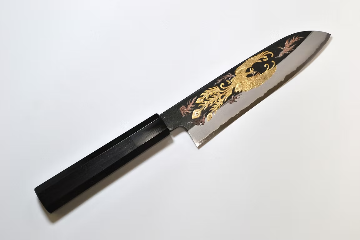 Sakai Takayuki Metal Decorated Engraving by Kubota Phoenix White Steel No.2 Black Finished Santoku 180mm Ebony Wood (ferrule: Black Water Buffalo Horn And Silver Ring) Handle - Japanny - Best Japanese Knife