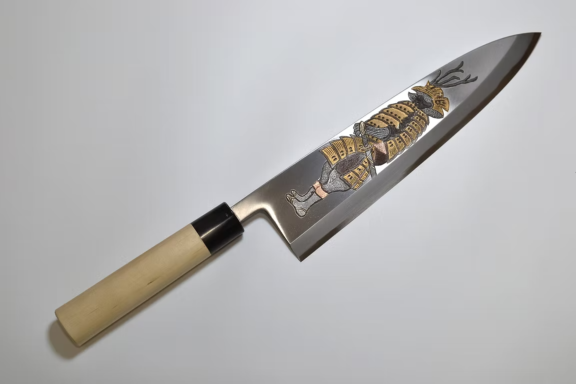 Sakai Takayuki Metal Decorated Engraving by Kubota Fūrinkazan White Steel Kasumitogi Deba 300mm Magnolia (Ferrule: Water Buffalo Horn) Handle - Japanny - Best Japanese Knife