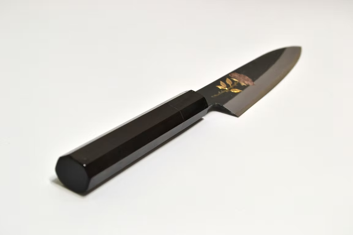Sakai Takayuki Metal Decorated Engraving by Kubota Rose White Steel No.2 Black Finished Petty-Utility 150mm Ebony Wood (ferrule: Black Water Buffalo Horn And Silver Ring) Handle - Japanny - Best Japanese Knife