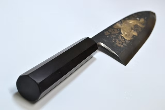 Sakai Takayuki Metal Decorated Engraving by Kubota Sojo no koi White Steel No.2 Black Finished Deba 240mm Ebony Wood (ferrule: Black Water Buffalo Horn And Silver Ring) Handle - Japanny - Best Japanese Knife