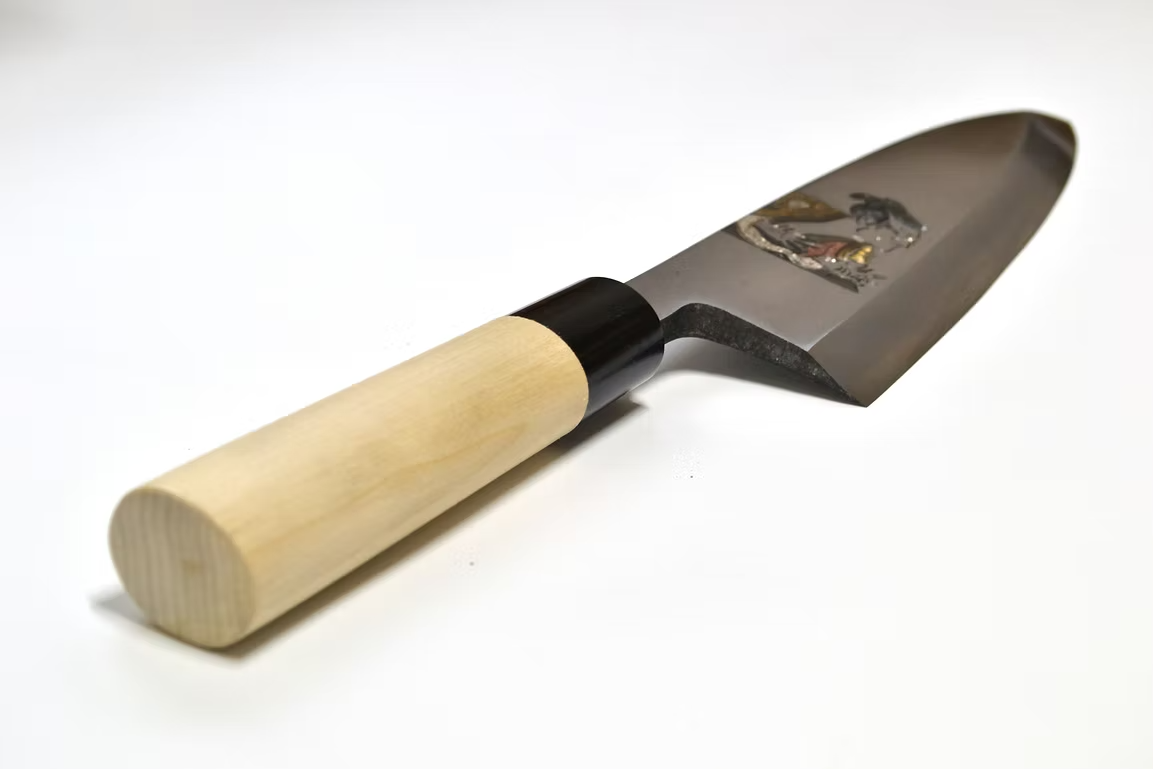 Sakai Takayuki Metal Decorated Engraving by Kubota Ukiyoe - Male White Steel Kasumitogi Deba 210mm Magnolia (Ferrule: Water Buffalo Horn) Handle - Japanny - Best Japanese Knife