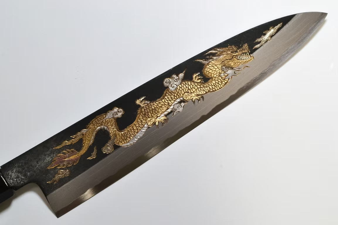 Sakai Takayuki Metal Decorated Engraving by Kubota Un ryū White Steel No.2 Black Finished Gyuto 240mm Ebony Wood (ferrule: Black Water Buffalo Horn And Silver Ring) Handle - Japanny - Best Japanese Knife