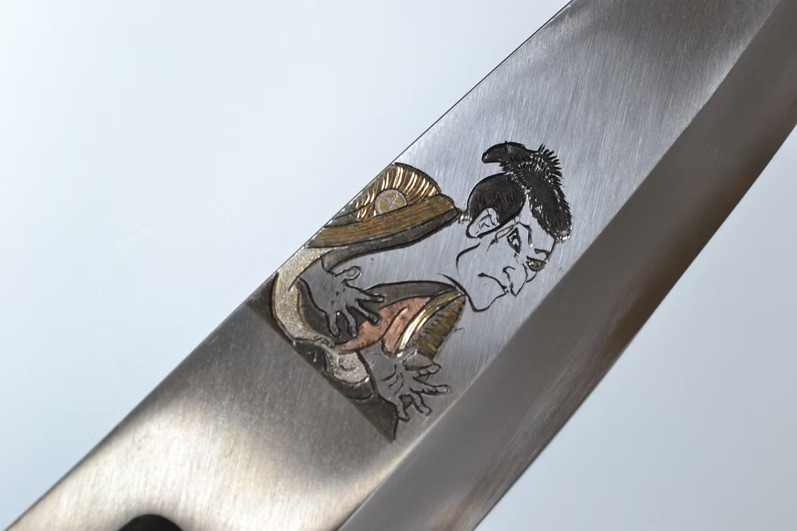 Sakai Takayuki Metal Decorated Engraving by Kubota Ukiyoe - Male White Steel Kasumitogi Deba 210mm Magnolia (Ferrule: Water Buffalo Horn) Handle - Japanny - Best Japanese Knife