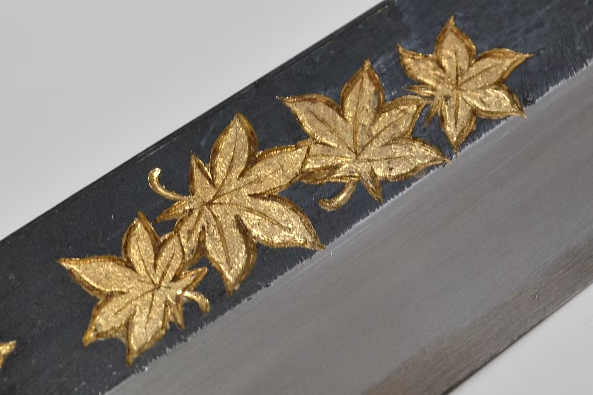Sakai Takayuki Gold Filled Engraving by Kubota Maple White Steel No.2 Black Finished Yanagiba 270mm Ebony Wood (ferrule: Black Water Buffalo Horn And Silver Ring) Handle - Japanny - Best Japanese Knife
