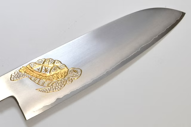 Sakai Takayuki Gold Filled Engraving by Kubota Turtle Silver Steel No.3 Santoku 180mm Ebony Wood (ferrule: Black Water Buffalo Horn And Silver Ring) Handle - Japanny - Best Japanese Knife