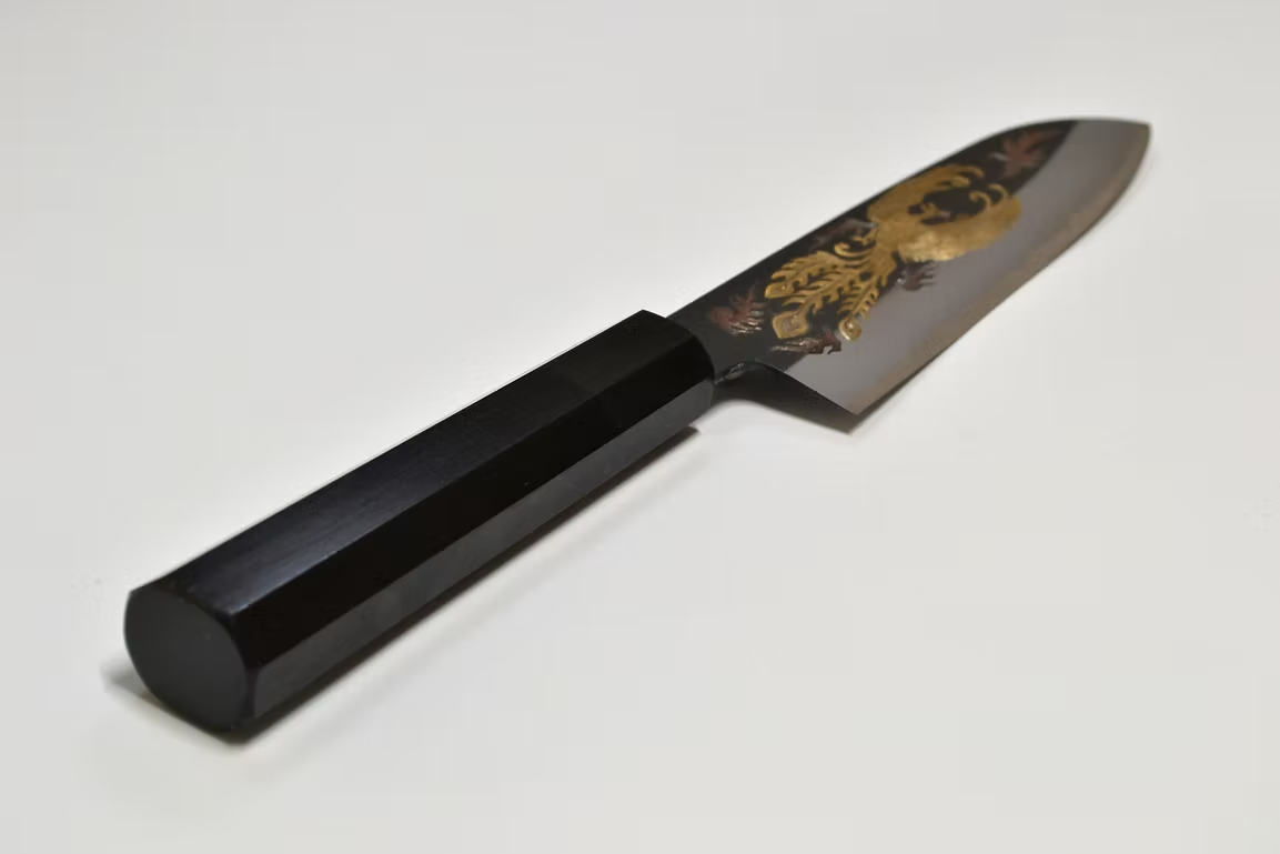 Sakai Takayuki Metal Decorated Engraving by Kubota Phoenix White Steel No.2 Black Finished Santoku 180mm Ebony Wood (ferrule: Black Water Buffalo Horn And Silver Ring) Handle - Japanny - Best Japanese Knife