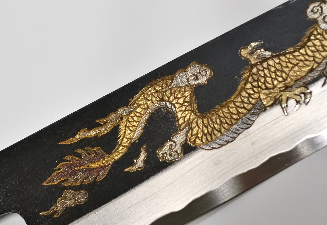 Sakai Takayuki Metal Decorated Engraving by Kubota Un ryū White Steel No.2 Black Finished Gyuto 240mm Ebony Wood (ferrule: Black Water Buffalo Horn And Silver Ring) Handle - Japanny - Best Japanese Knife