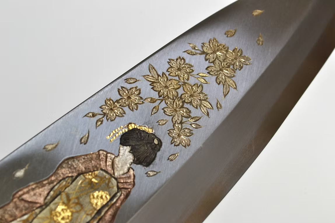 Sakai Takayuki Metal Decorated Engraving by Kubota Maiko and Sakura White Steel Kasumitogi Deba 240mm Magnolia (Ferrule: Water Buffalo Horn) Handle - Japanny - Best Japanese Knife