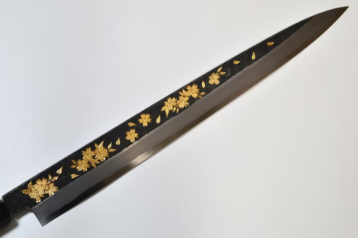 Sakai Takayuki Gold Filled Engraving by Kubota Night Sakura White Steel No.2 Black Finished Yanagiba 270mm Ebony Wood (ferrule: Black Water Buffalo Horn And Silver Ring) Handle - Japanny - Best Japanese Knife
