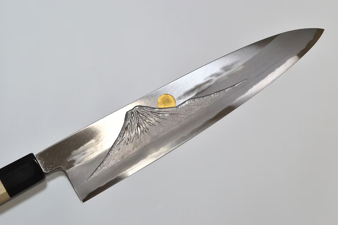 Sakai Takayuki Gold Filled Engraving by Kubota Sunset over Mt. Fuji Blue Steel No.2 Gyuto 240mm Magnolia (Ferrule: Water Buffalo Horn) Handle - Japanny - Best Japanese Knife