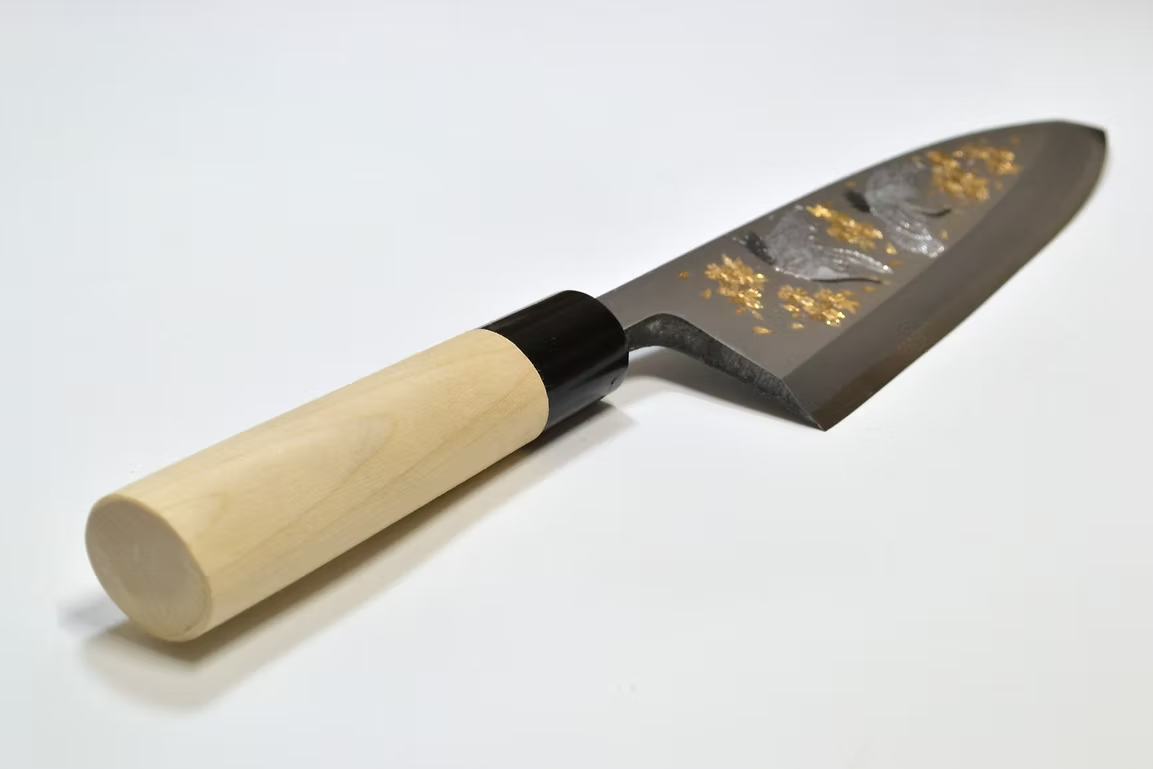 Sakai Takayuki Metal Decorated Engraving by Kubota Maizuru White Steel Kasumitogi Deba 240mm Magnolia (Ferrule: Water Buffalo Horn) Handle - Japanny - Best Japanese Knife