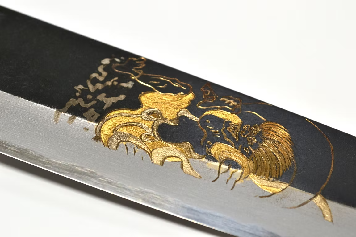 Sakai Takayuki Gold Filled Engraving by Kubota Fūjin White Steel No.2 Black Finished Santoku 180mm Ebony Wood (ferrule: Black Water Buffalo Horn And Silver Ring) Handle - Japanny - Best Japanese Knife