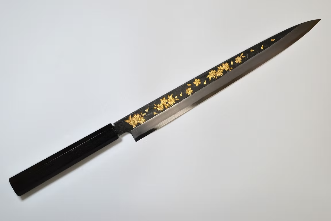 Sakai Takayuki Gold Filled Engraving by Kubota Night Sakura White Steel No.2 Black Finished Yanagiba 270mm Ebony Wood (ferrule: Black Water Buffalo Horn And Silver Ring) Handle - Japanny - Best Japanese Knife